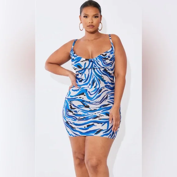princess polly baby blue dress PrettyLittleThing | Dresses | Plt Blue Printed Plisse Cowl Neck Bodycon  Dres